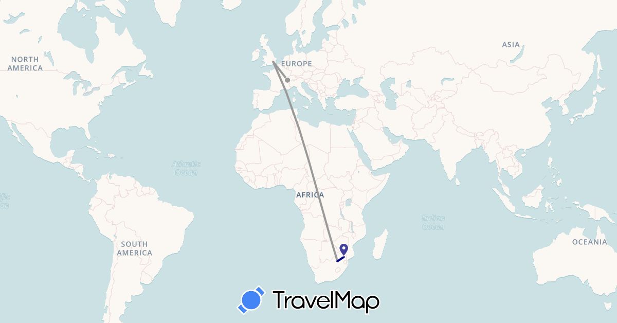 TravelMap itinerary: driving, plane in Switzerland, United Kingdom, South Africa (Africa, Europe)